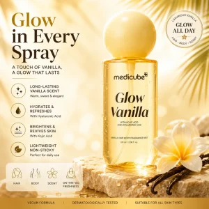 میست خوشبو کننده مو و بدن وانیلی مدی کیوب ۱۰۰ میلی لیتر 7 MEDICUBE Glow Vanilla Hair Body Fragrance Mist 100 ml DOKAN 39473484661044
